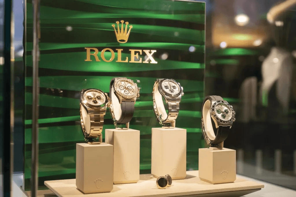 Rolex authorized dealer display case showing limited inventory of available watches
