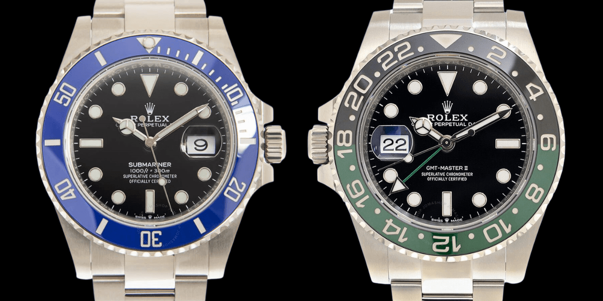 Side-by-side comparison of a Rolex aluminum bezel insert and a Cerachrom ceramic bezel