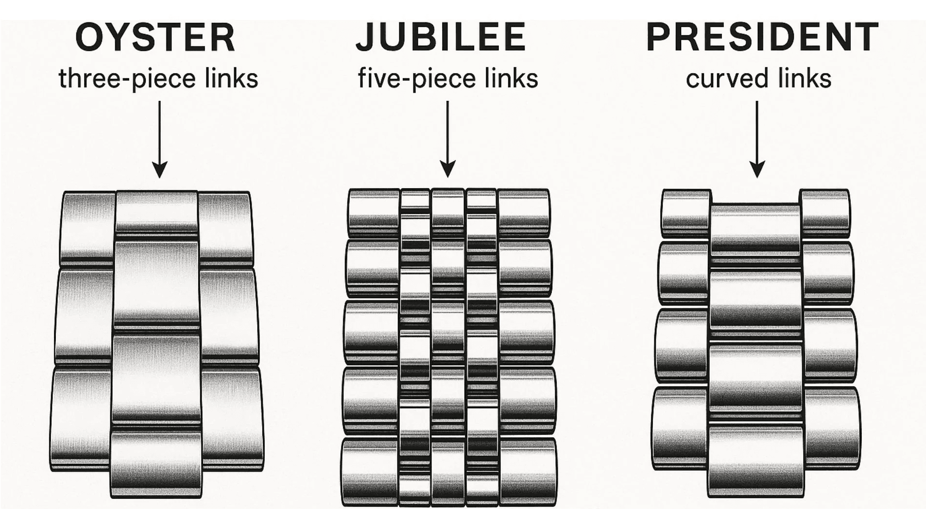 Side-by-side comparison of Rolex Oyster, Jubilee, and President bracelets