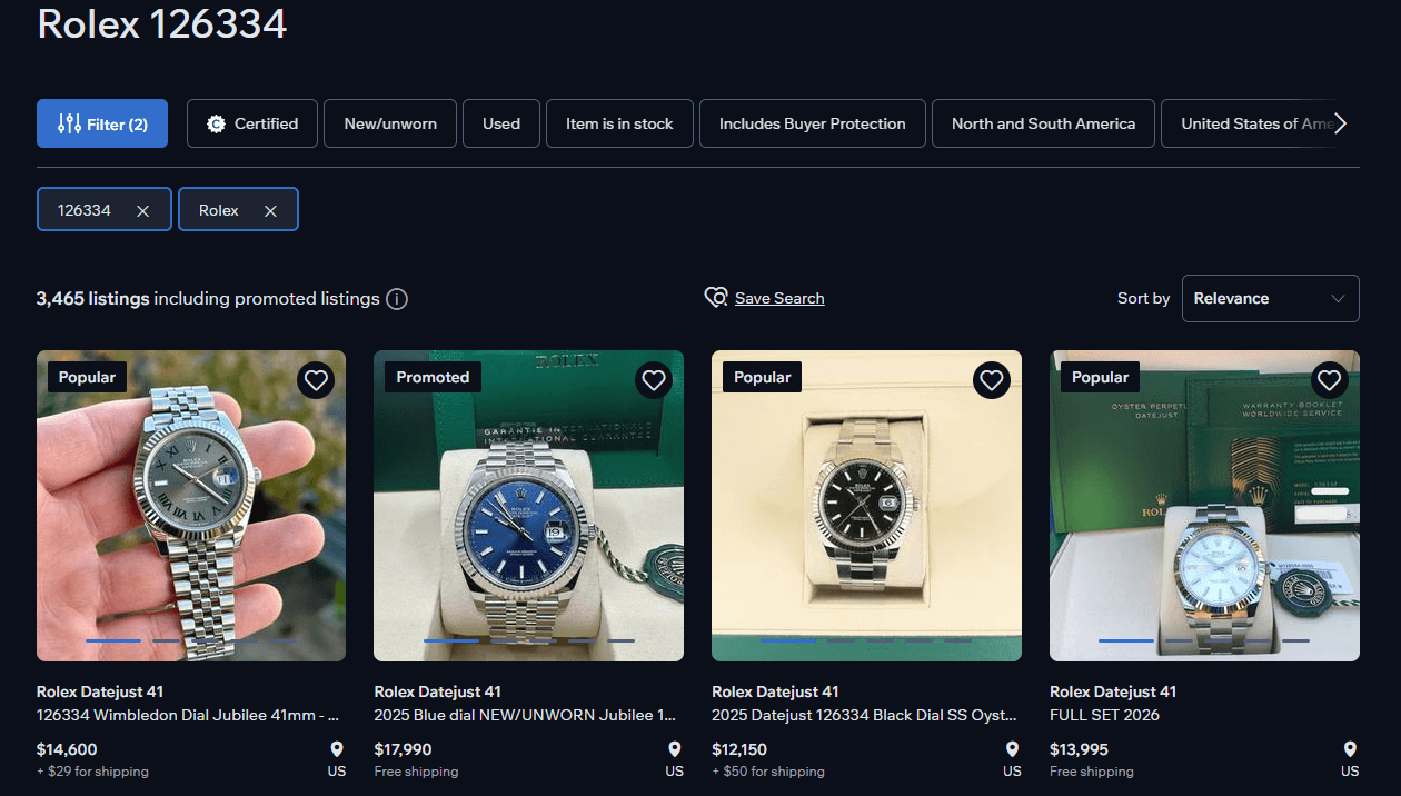 Chrono24 marketplace showing Rolex watch listings with prices and seller details