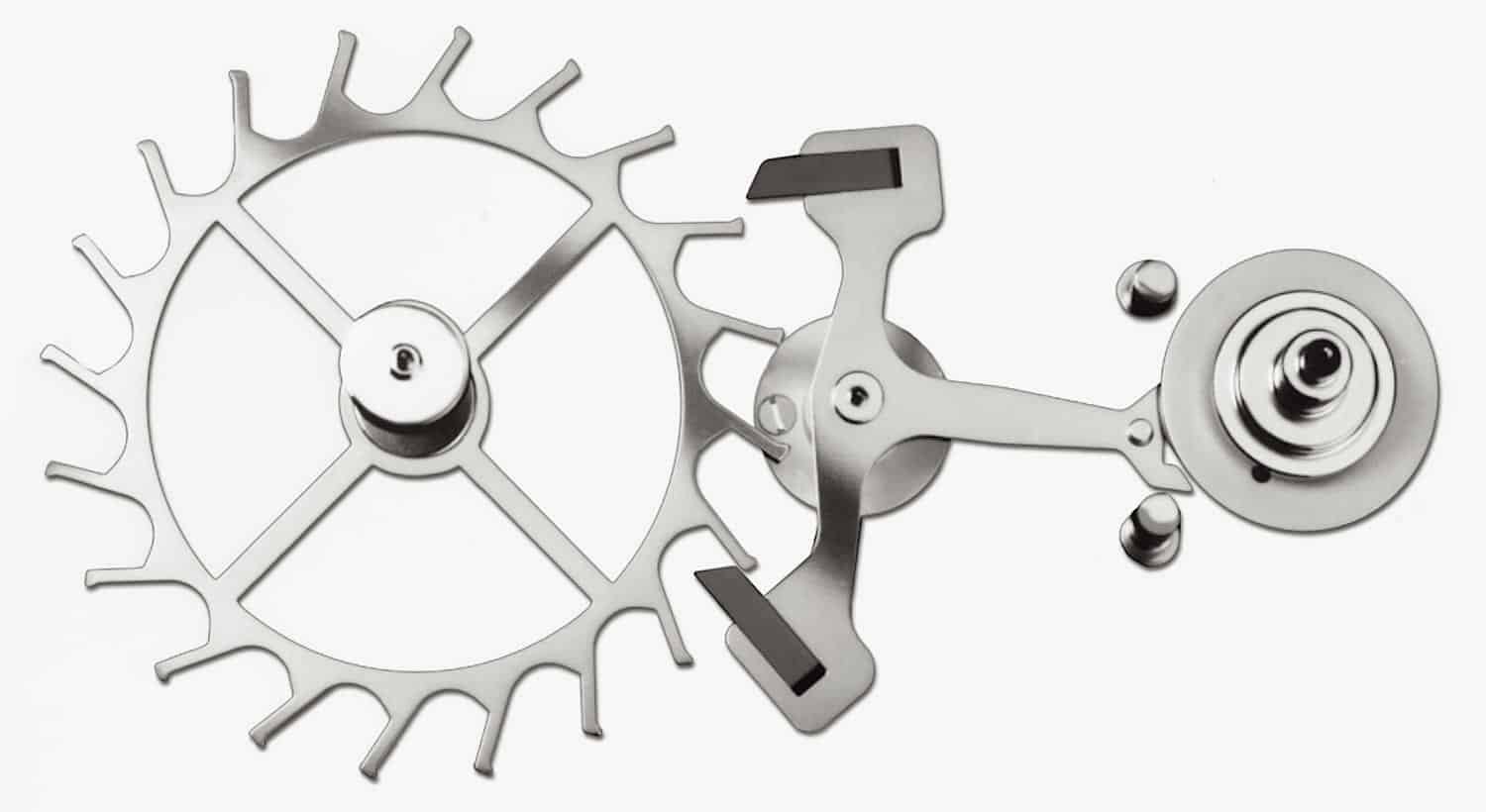 Macro view of a watch escapement mechanism showing the pallet fork and escape wheel
