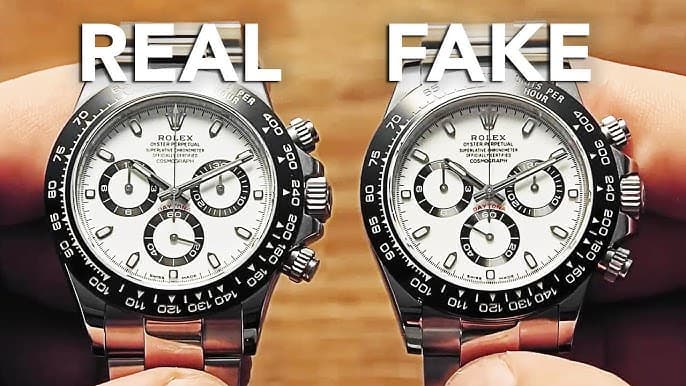 Side-by-side comparison of a genuine Rolex and a counterfeit showing key differences in finishing and detail