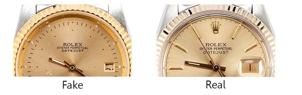 Macro comparison of dial text printing quality between a real and fake Rolex