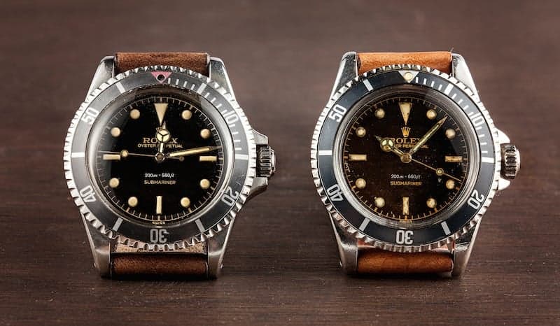 Comparison of Rolex gilt and matte dial types showing the visual differences in vintage models