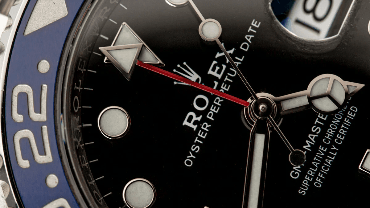 Close-up of the GMT-Master II arrow hand used to track a second time zone
