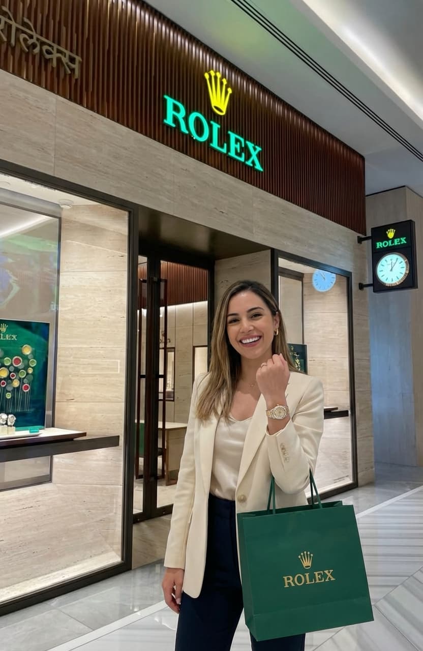 Happy customer receiving a Rolex watch at an authorized dealer