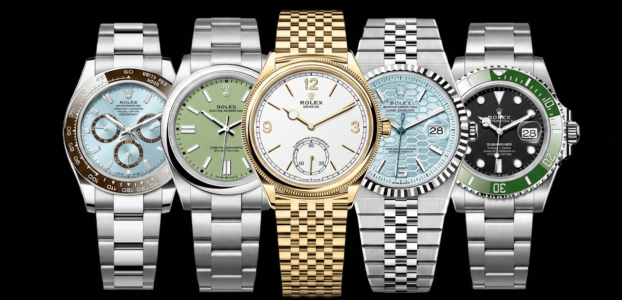 Collection of popular Rolex models displayed together showing the range of the lineup