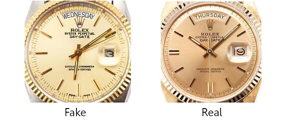 Side-by-side comparison of genuine and fake Rolex dials showing differences in printing and finishing