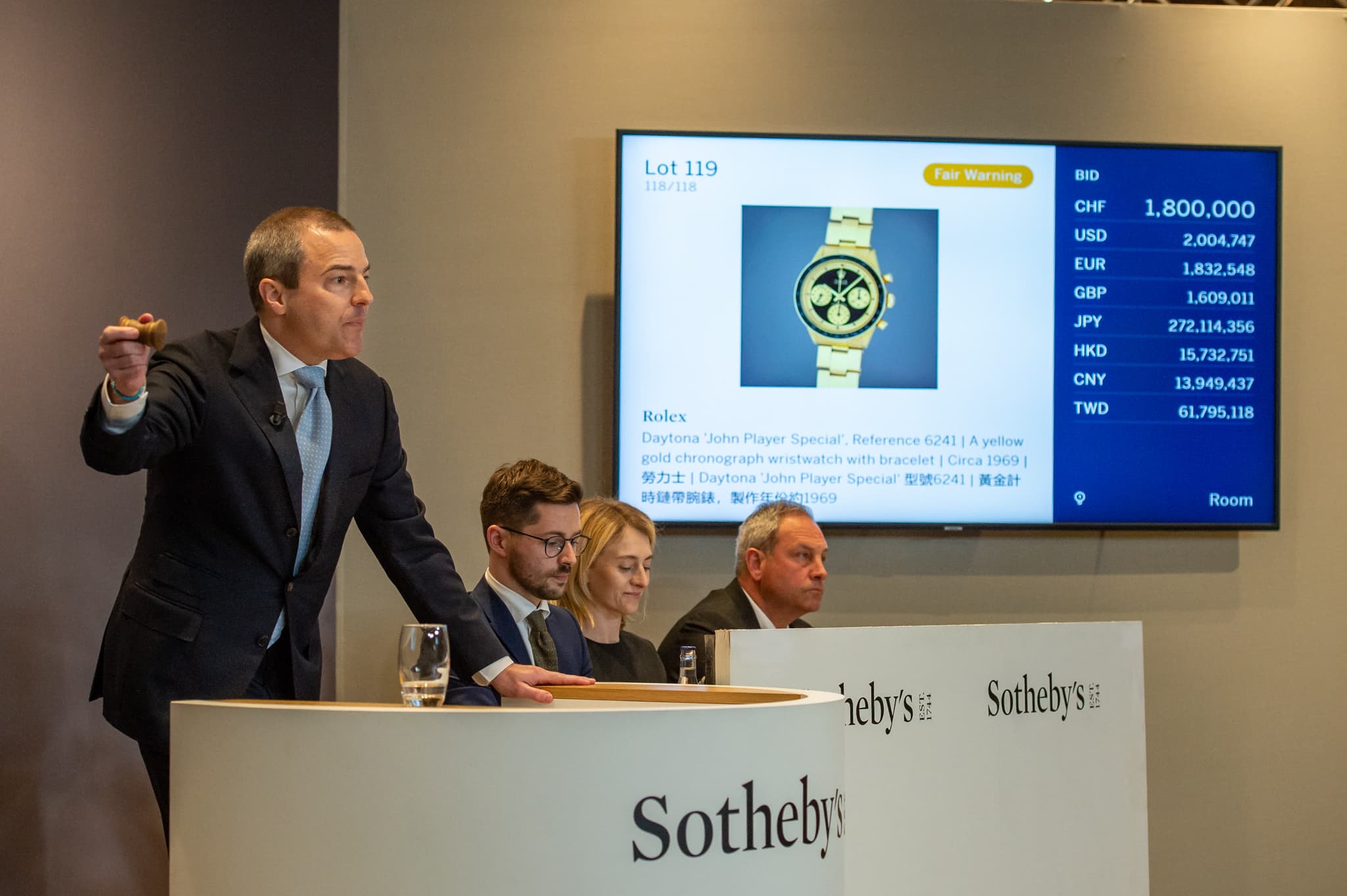Rolex watches displayed at a Sotheby's auction house for high-end watch sales