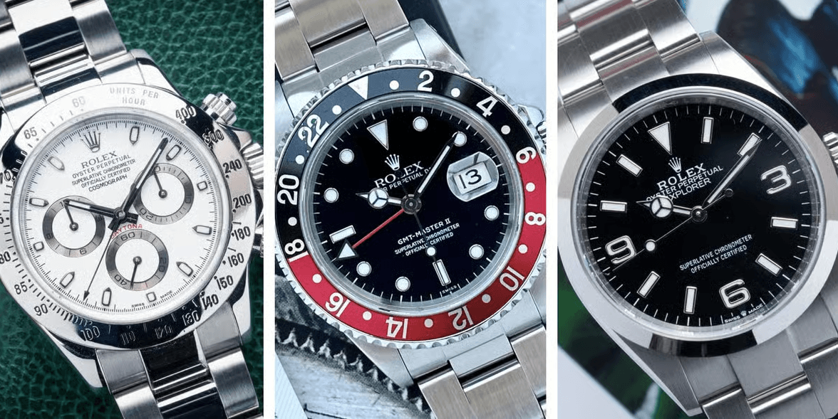 Collection of Rolex sport watches including Submariner, GMT-Master, and Daytona
