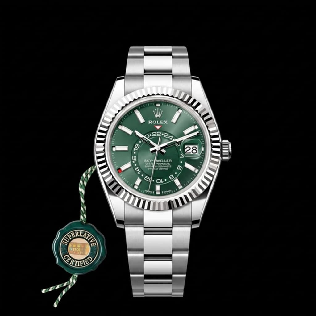 Rolex Sky-Dweller showing the complex dial with annual calendar and dual time zone display
