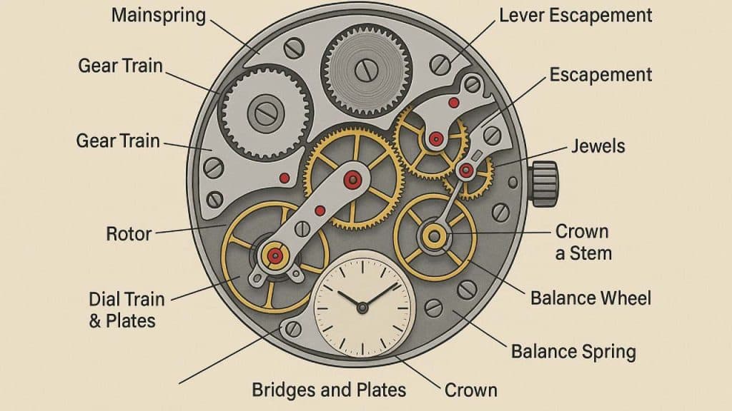 Macro photograph of a mechanical watch movement showing the intricate gear train and finishing
