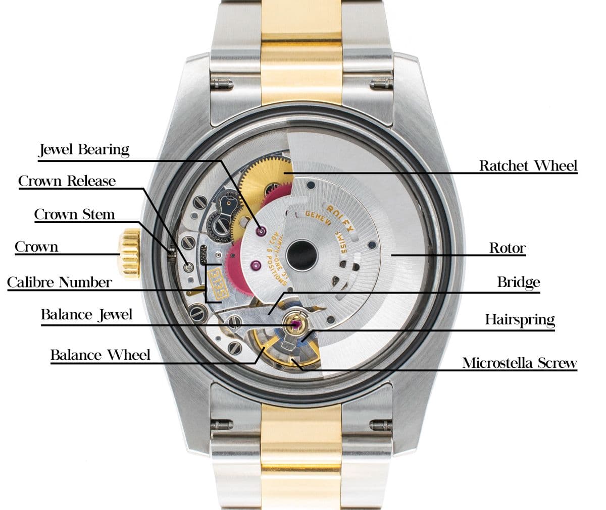 Rolex caliber movement showing the intricate mechanical components and finishing